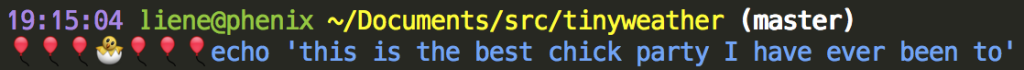 terminal bash prompt with the command: echo 'this is the best chick party I have ever been to' and emoji of balloons and a baby chick